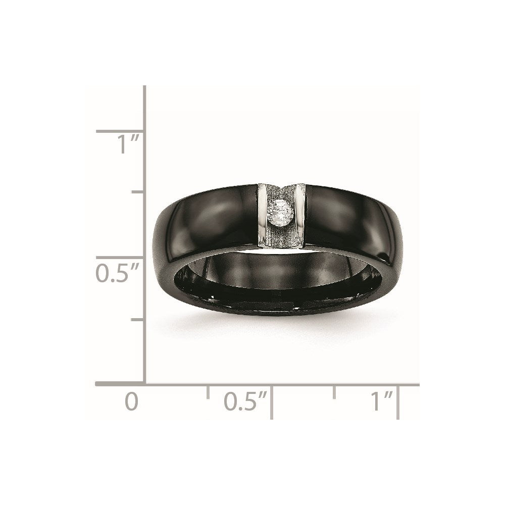 Stainless Steel Polished & Laser Cut Black Ceramic CZ Ring Size - 10