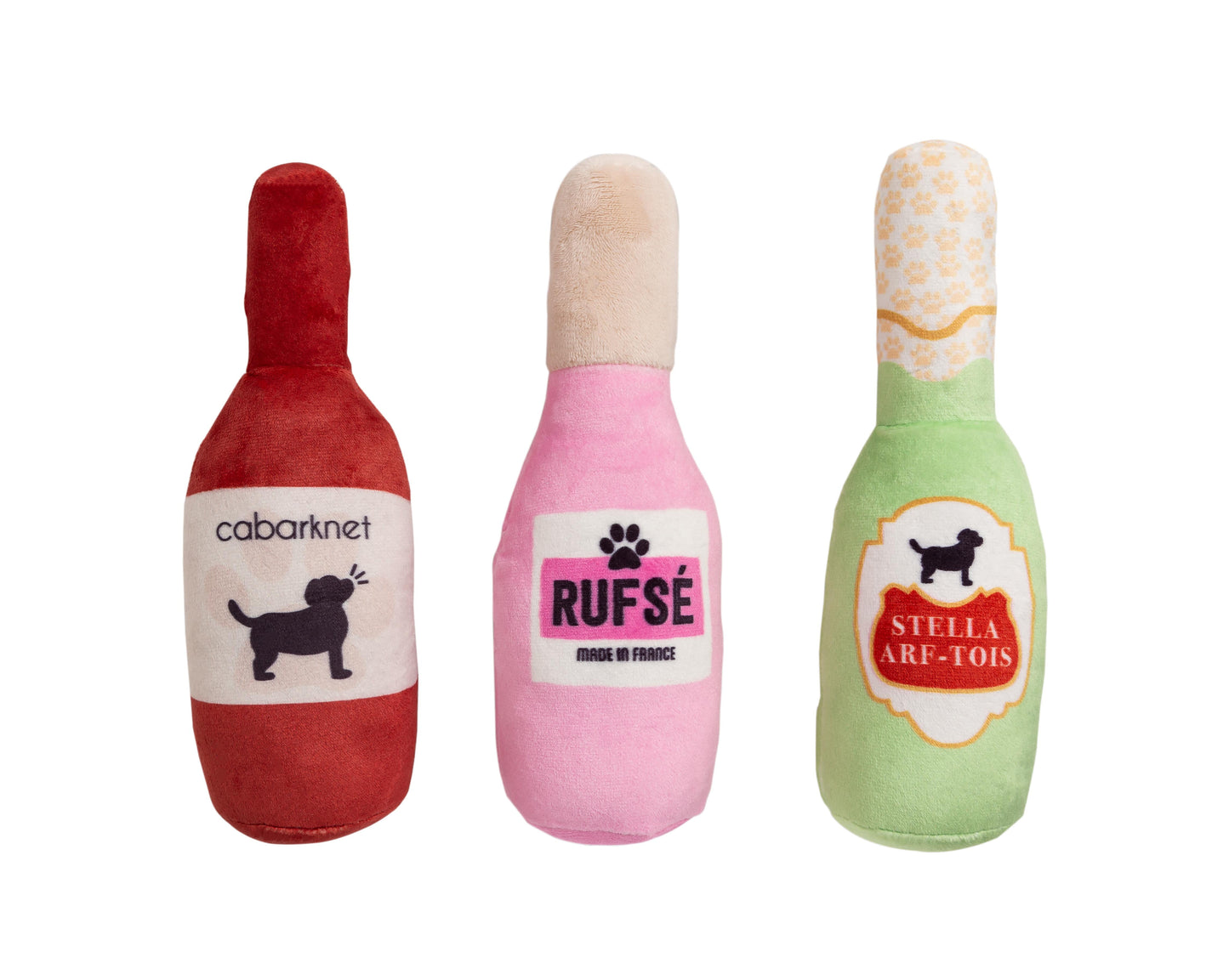 Pearhead Pet Beer, Wine & Rose Plush Dog Toy, Set of 3