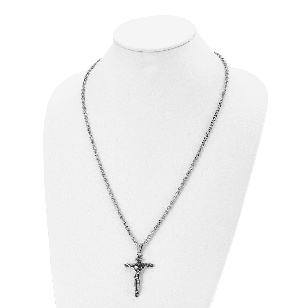 Stainless Steel Antiqued and Polished INRI Crucifix 24in Necklace