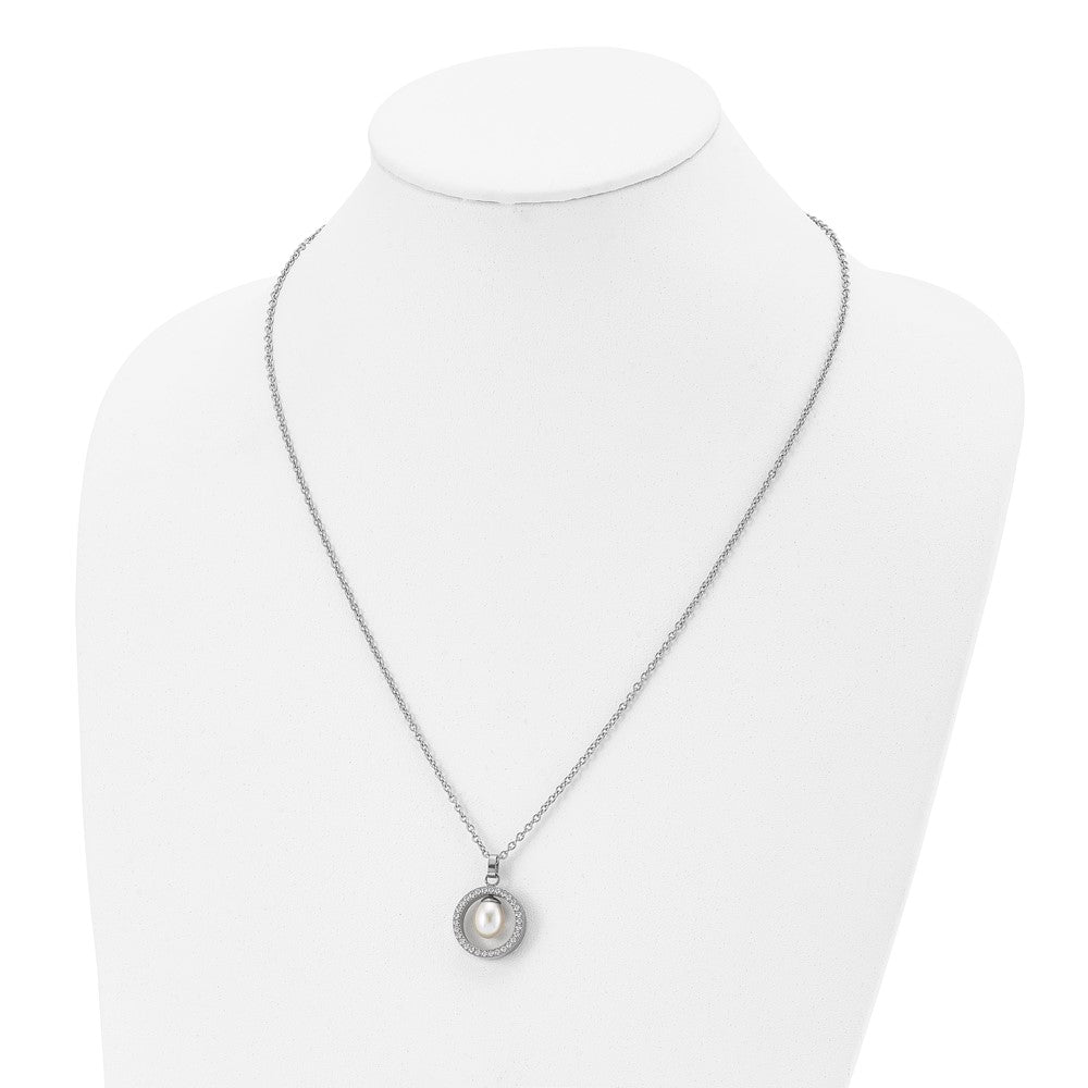 Titanium Polished w/CZ and Freshwater Cultured Pearl 22in Necklace