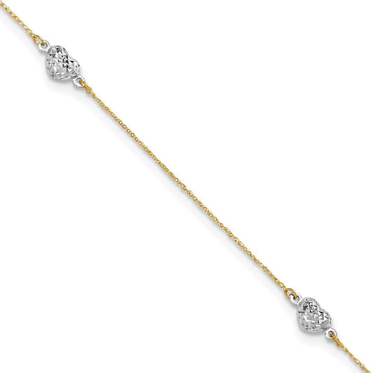 14k Two-tone Puff Heart 9in Plus 1in ext Anklet 10 inches
