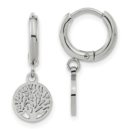 Stainless Steel Polished Tree Dangle Hoop Earring