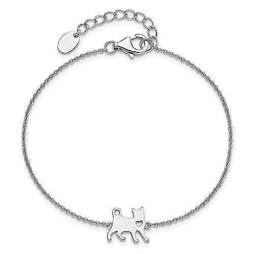 Sterling Silver Rhodium-plated Cat w/Heart 7in Plus 1in ext Bracelet