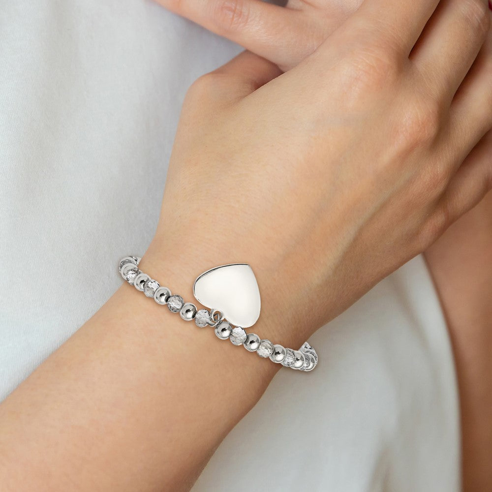 Stainless Steel Polished w/Grey Glass Beads Heart Dangle Stretch Bracelet 6.5 inches
