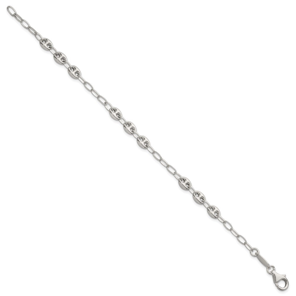 Sterling Silver Puffed Anchor/Mariner Link and Chain 8 inch Bracelet