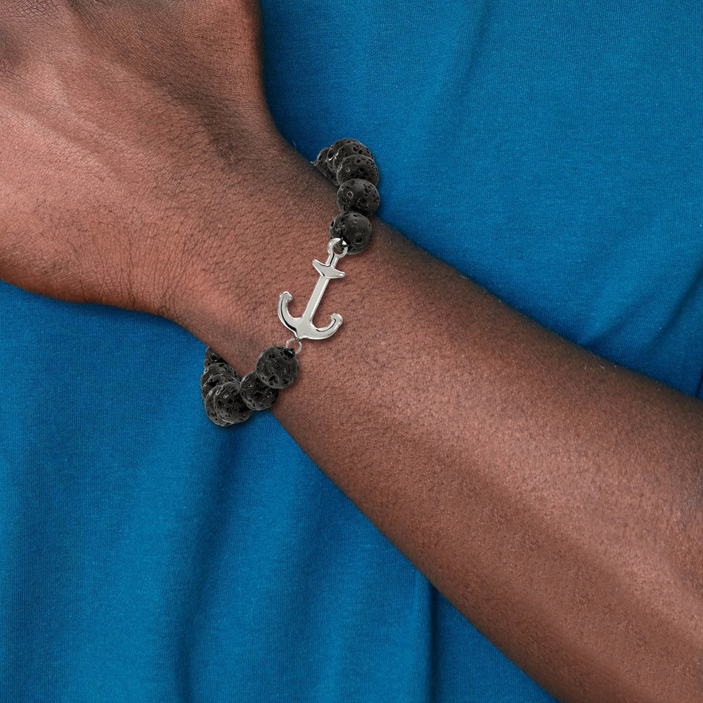 Stainless Steel Polished with Black Lava Stone Anchor Stretch Bracelet 7 inches