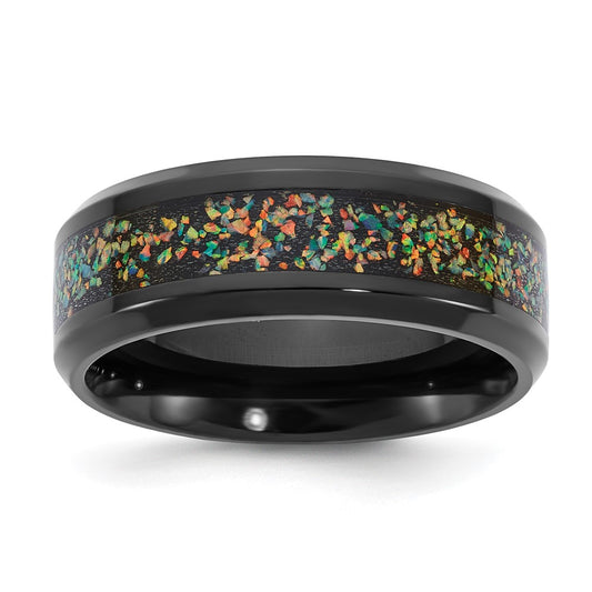 Chisel Titanium Polished Black IP-plated Multi-color Opal Inlay 8mm Band Size - 14