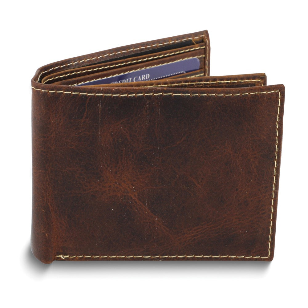 Brown Oiled Leather RFID Blocking Center Flap 9-Slot Bifold Wallet with ID Window