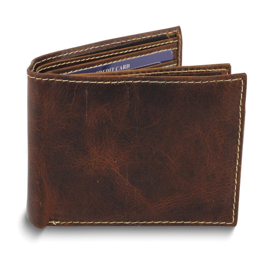 Brown Oiled Leather RFID Blocking Center Flap 9-Slot Bifold Wallet with ID Window