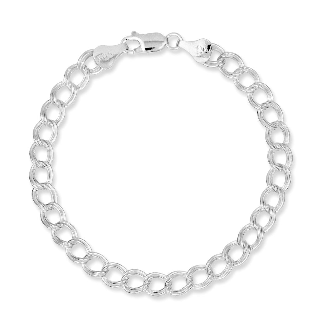 Sterling Silver 6mm Semi-Solid Double Link Charm Bracelet 8 inches