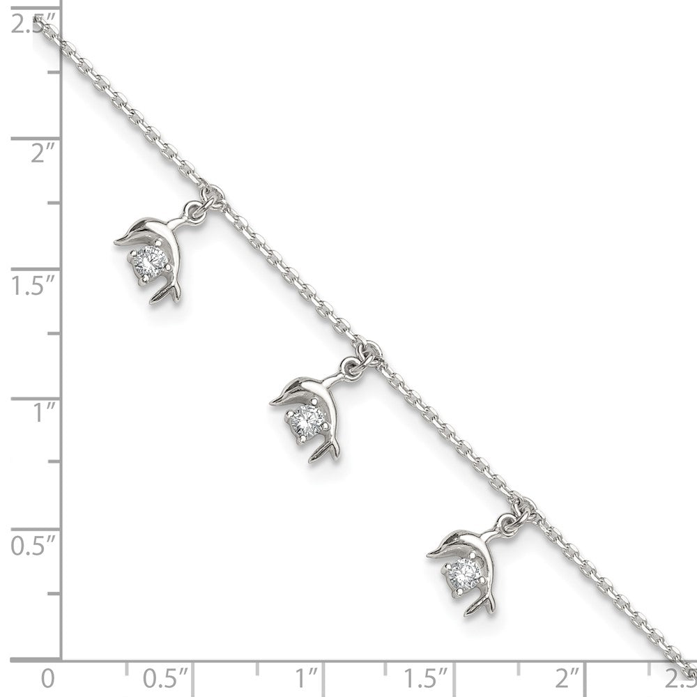 Sterling Silver Polished White CZ Dolphin Dangles 9 inch with 1 inch Extension Anklet