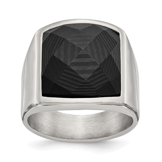 Stainless Steel Polished with Solid Black Carbon Fiber Ring Size - 12