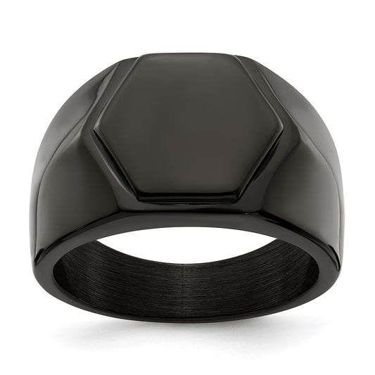 Stainless Steel Polished Black IP-plated Signet Ring Size - 11