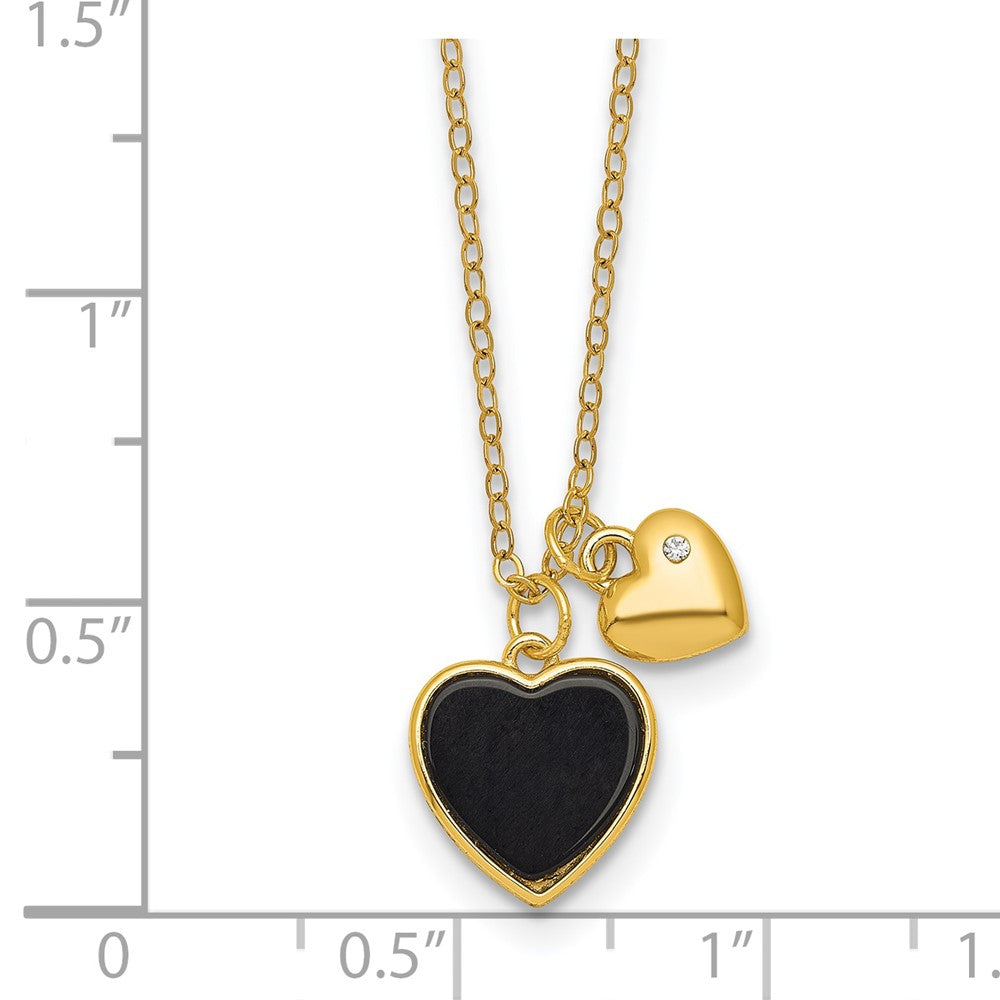 Sterling Silver Gold-tone Polished Onyx and CZ Hearts 14 Inch with 3 Inch Extension Children's Necklace 14 Inches
