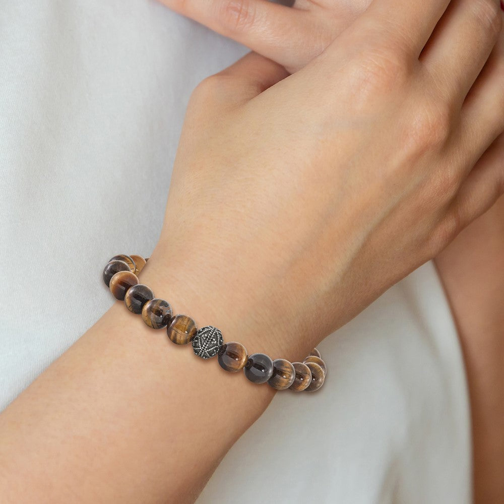 Stainless Steel Antiqued and Polished Tiger's Eye Stretch Bracelet 8 inches
