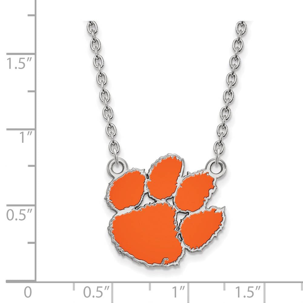 Sterling Silver Rhodium-plated LogoArt Clemson University Tiger Paw Large Enameled Pendant 18 inch Necklace Q-SS045CU-18