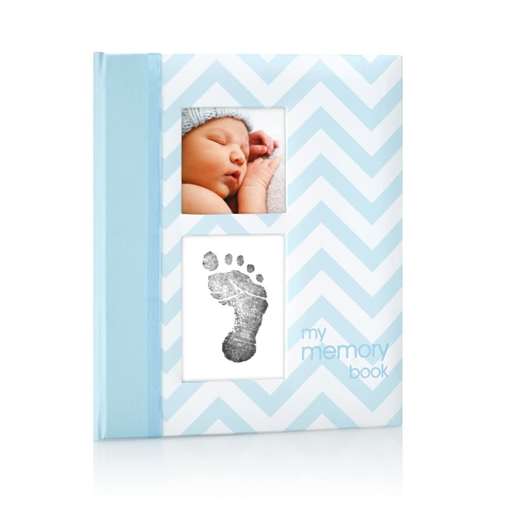 Pearhead Chevron Baby Memory Book and Clean Touch Ink Pad, Blue