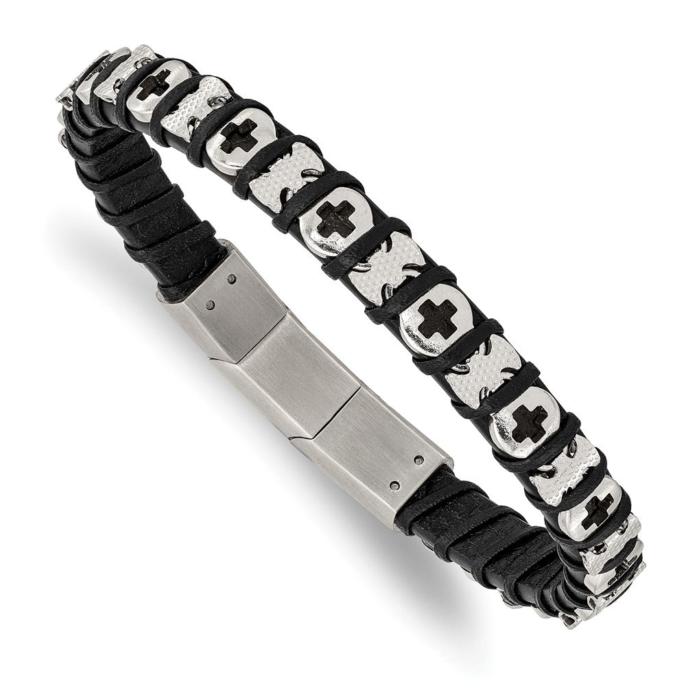 Stainless Steel Polished Cross Black Leather 8in w/.5in ext Bracelet 8 inches