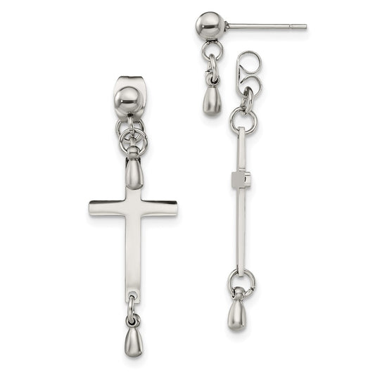 Stainless Steel Polished Cross Dangle Front and Back Post Earrings