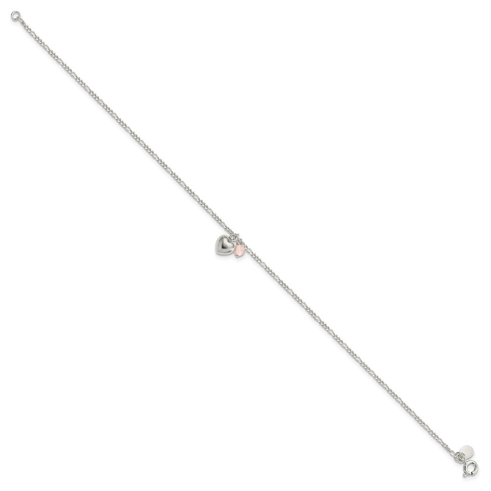 Sterling Silver Cherry Quartz Dangling Hearts on Figaro Link Anklet 10 inches