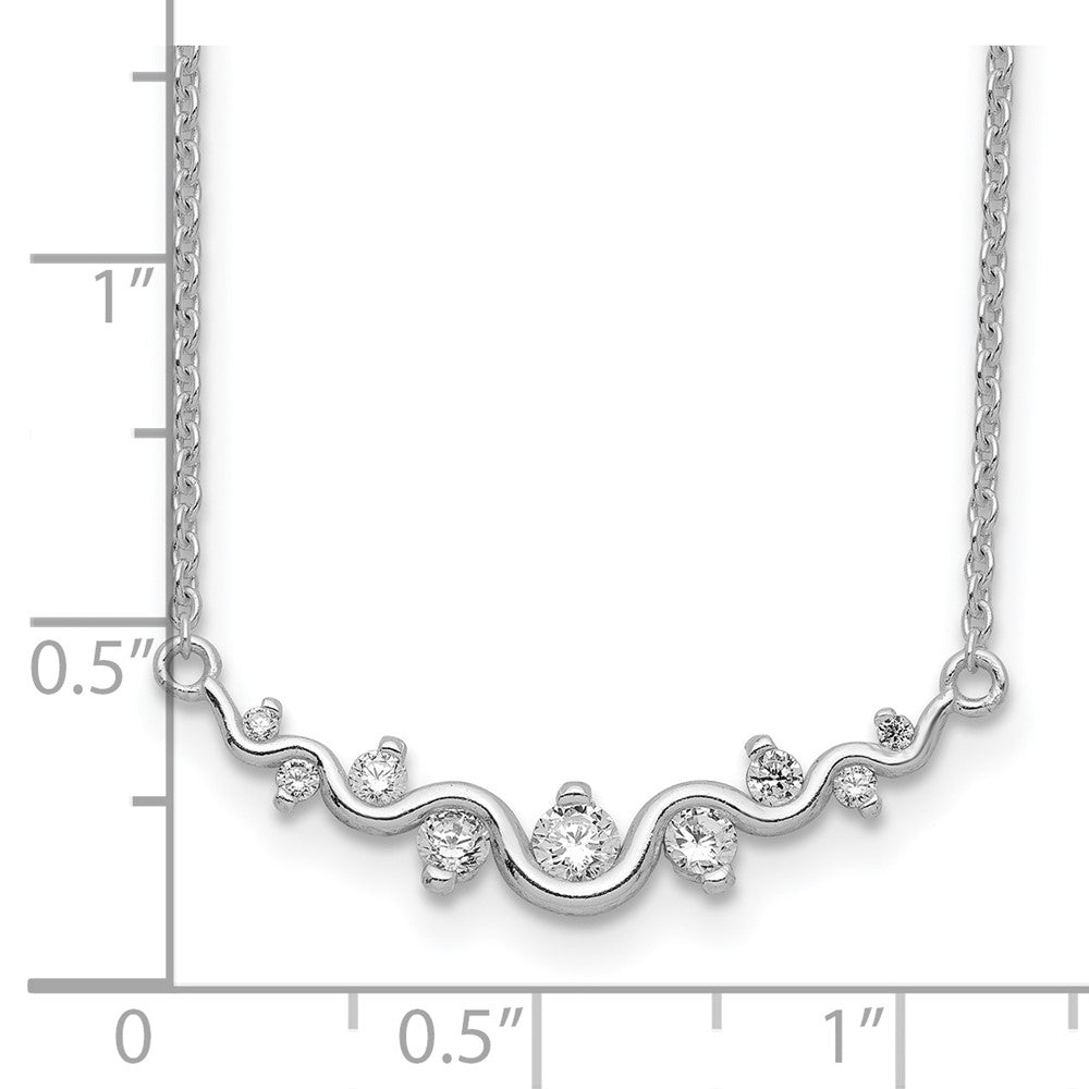 Sterling Silver Rhodium-plated Polished Fancy Wave CZ Bar Necklace 18 Inches