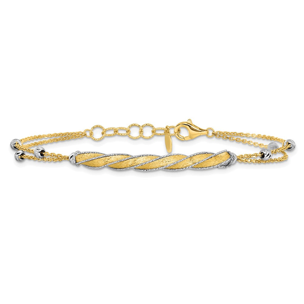 14K Two-tone Polish/Satin/Dia-cut Fancy Bar w/1in ext. Bracelet 8  inches