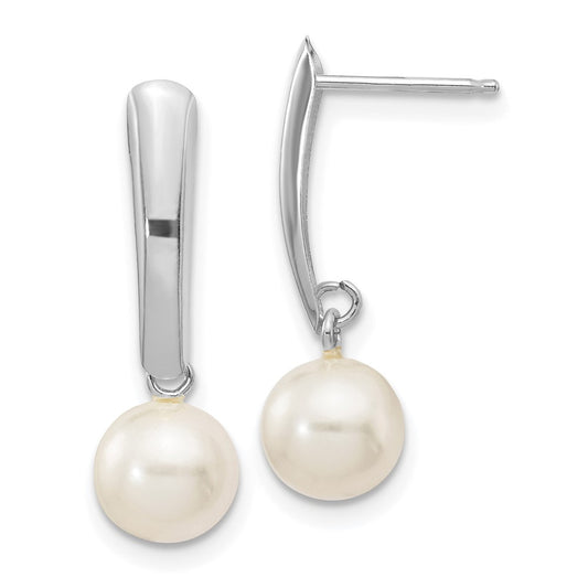 10K White Gold 6-7mm Round White Freshwater Cultured Pearl Post Dangle Earrings
