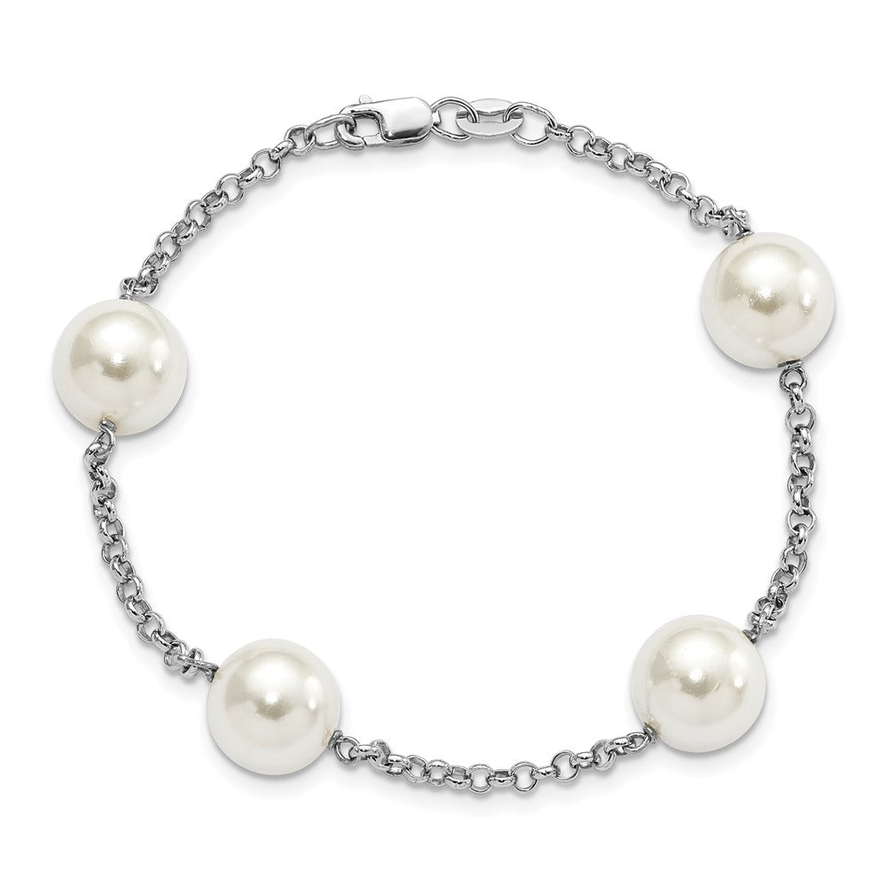 Majestik Sterling Silver Rhodium-plated 10-11mm White Imitation Shell Pearl Hand-knotted 4 Station Bracelet 7.5 inches