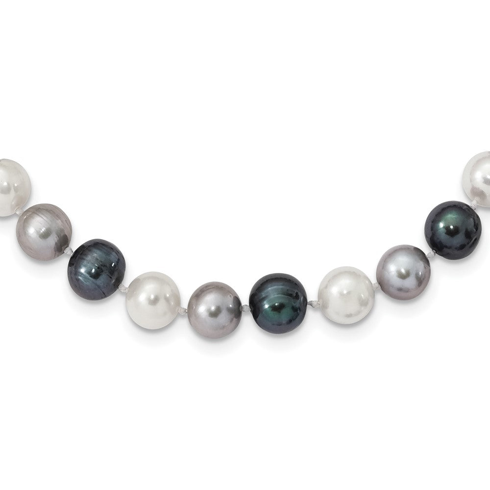 Sterling Silver Rhodium-plated 8-9mm Black, Green and White Semi-Round Freshwater Cultured Pearl 18 inch Necklace 18 Inches