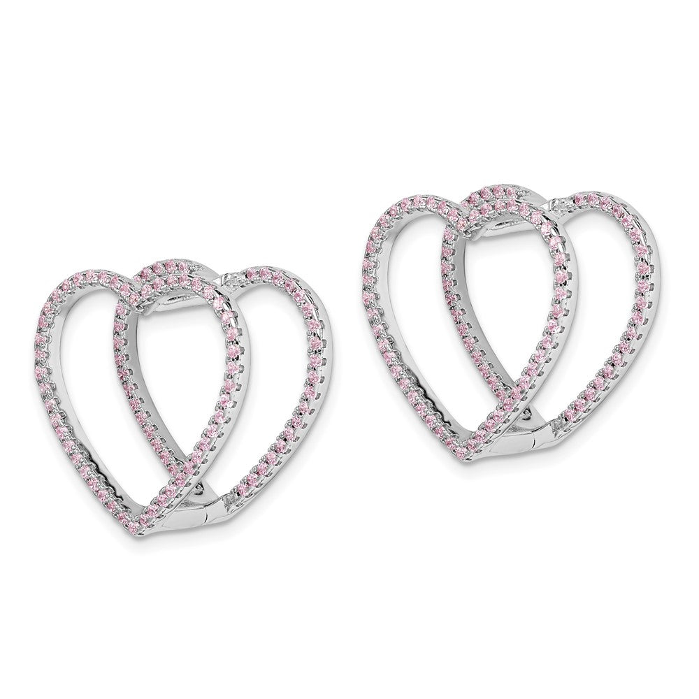 Sterling Silver Rhodium-plated Pink CZ Heart Hinged In/Out Earrings