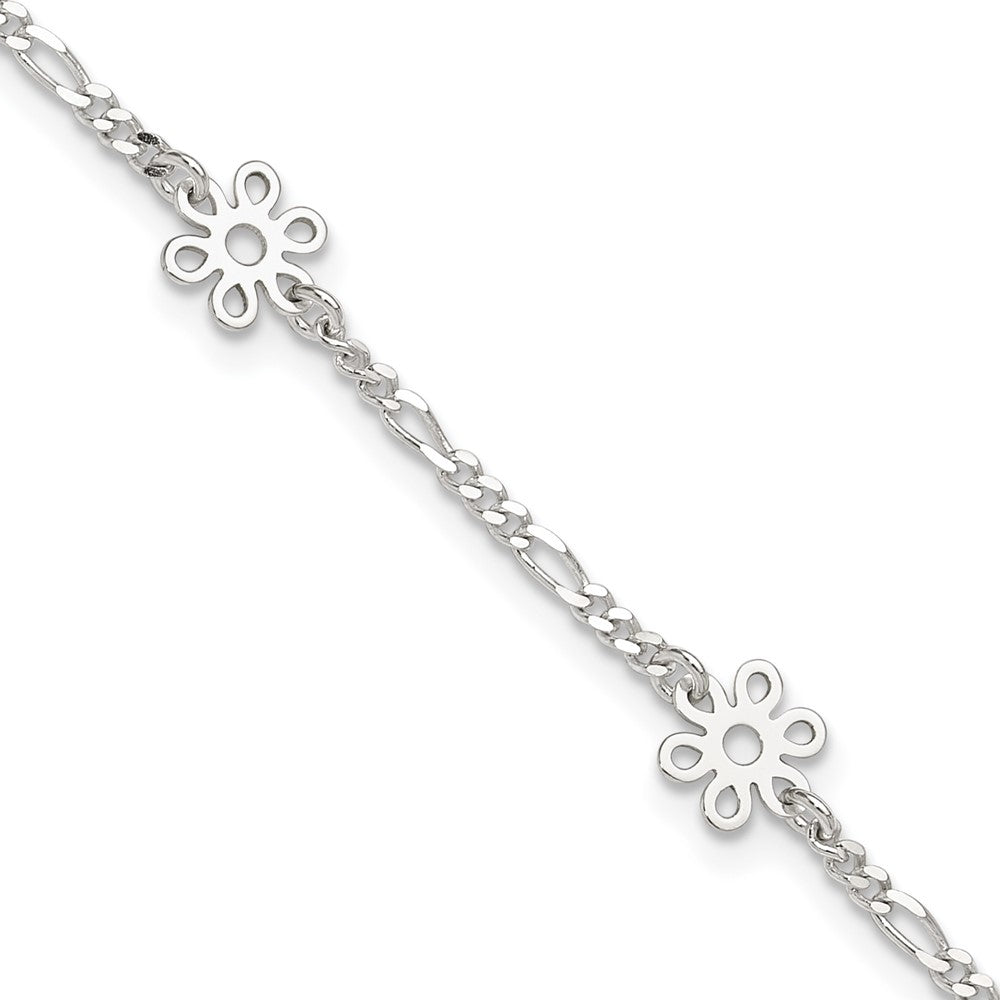 Sterling Silver Polished Flower 9in Plus 1in Ext. Anklet 9 inches
