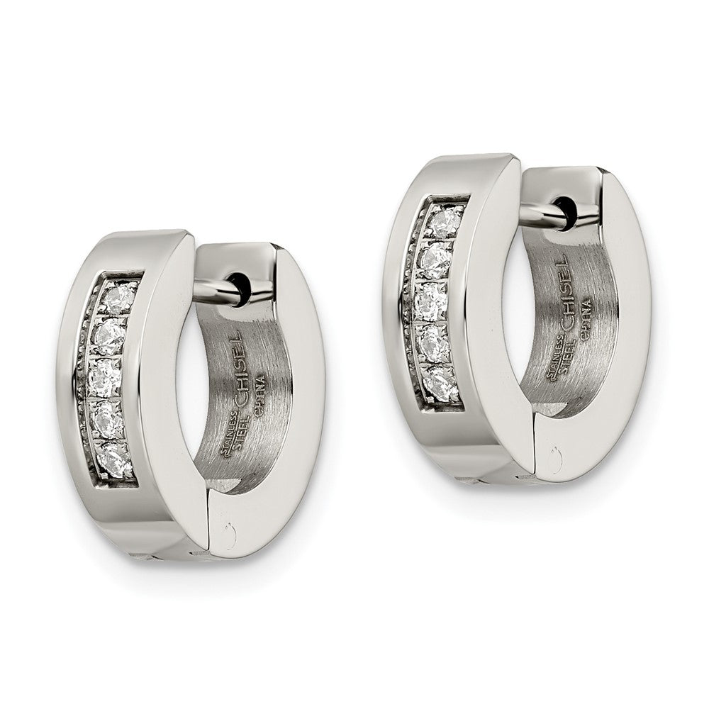 Stainless Steel Polished w/CZ Round 4mm Hinged Hoop Earrings