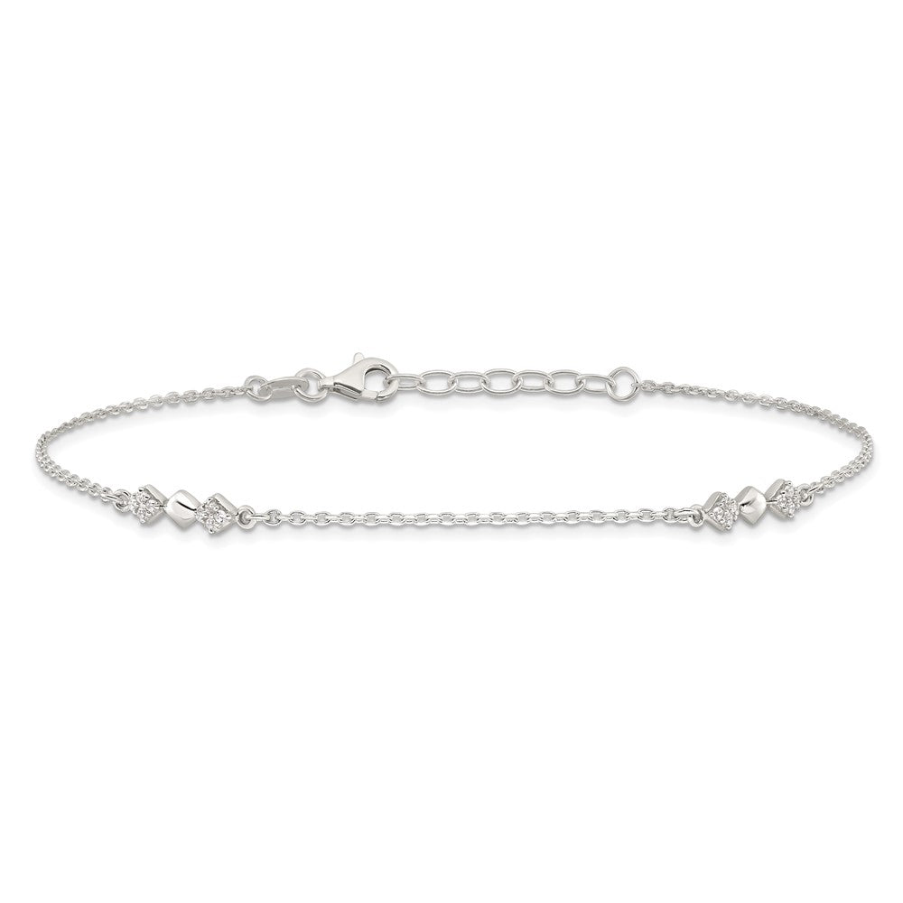 Sterling Silver CZ 3-Diamond Shapes 9in Plus 1 in Ext. Anklet 9 inches