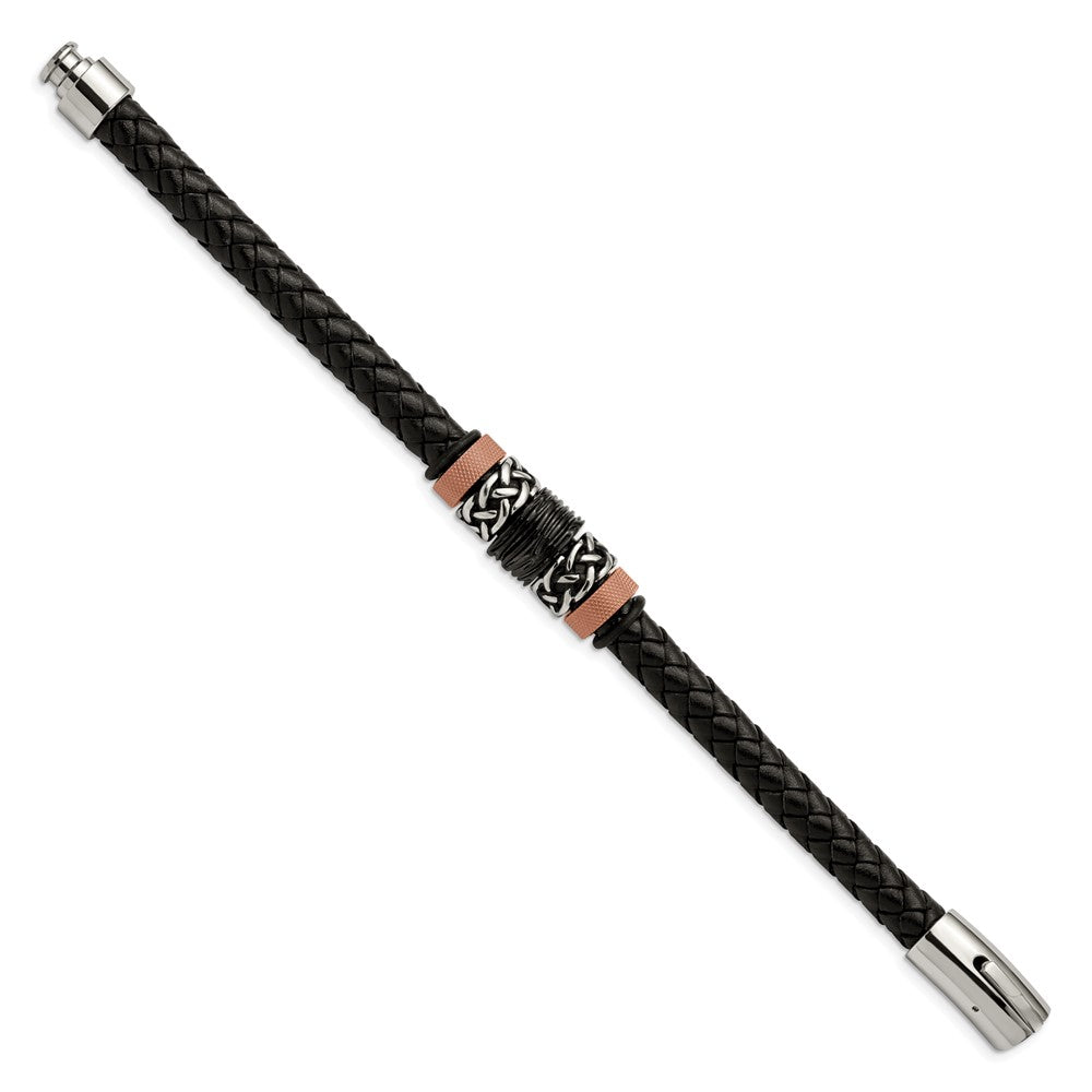 Stainless Steel Antiqued & Polished Black/Brown IP Rubber & Leather Bracele 8.5 inches