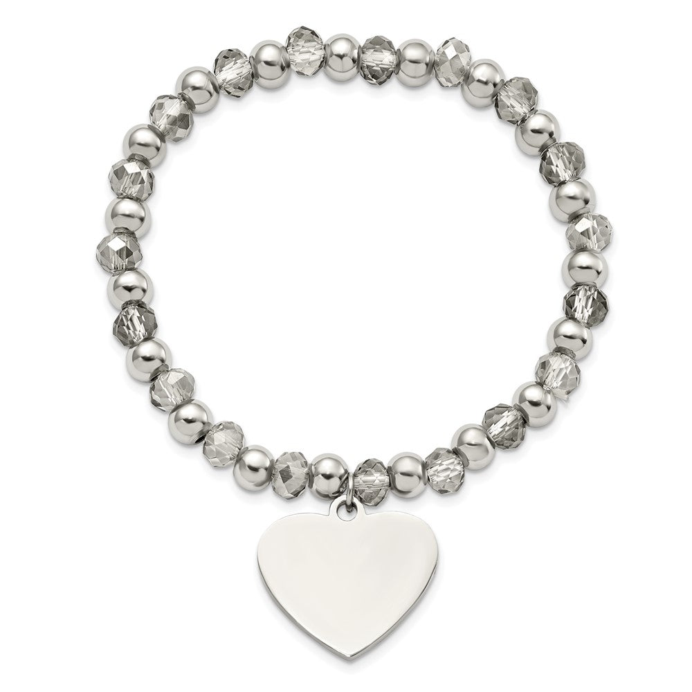 Stainless Steel Polished w/Grey Glass Beads Heart Dangle Stretch Bracelet 6.5 inches