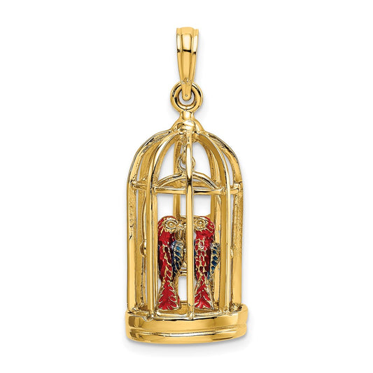 14K w/ Enamel 3-D Bird Cage w/ 2 Birds and Doors Open Charm