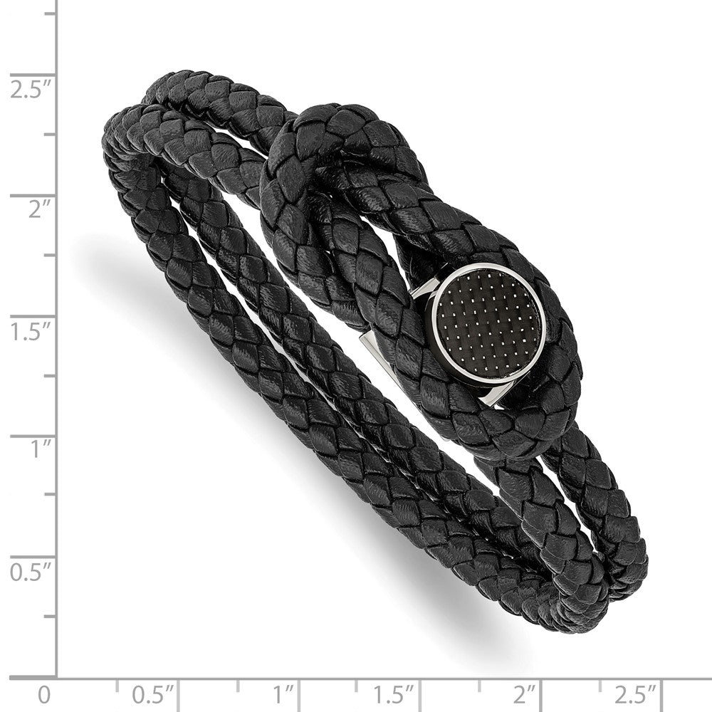 Stainless Steel Polished Black Carbon Fiber Inlay Leather 8.5in Bracelet 8.5 inches