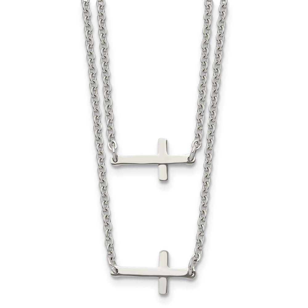 Stainless Steel Double Sideways Crosses Layered 16.5in Necklace