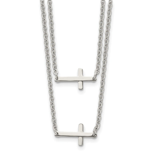 Stainless Steel Double Sideways Crosses Layered 16.5in Necklace