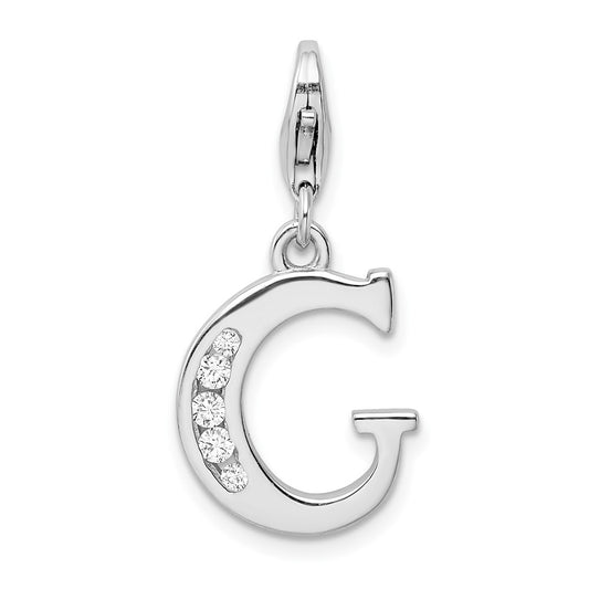 Amore La Vita Sterling Silver Rhodium-plated Polished CZ Letter G Initial Charm with Fancy Lobster Clasp