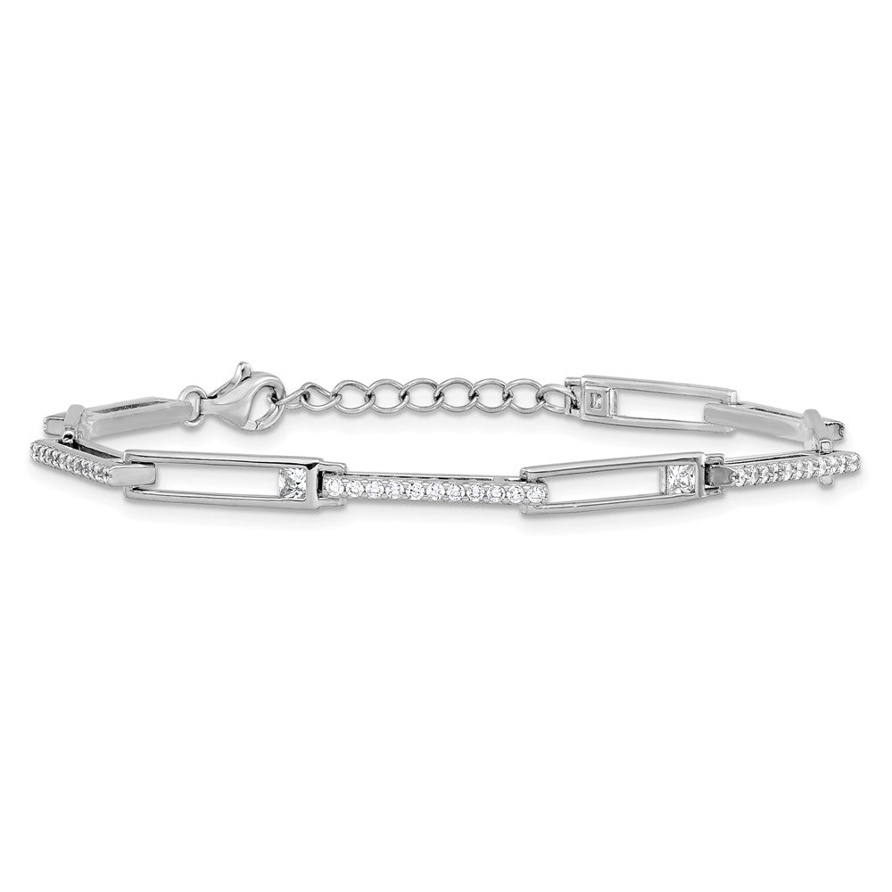 Cheryl M Sterling Silver Rhodium-plated Polished CZ Rectangular Link with 1 Inch Extension Bracelet