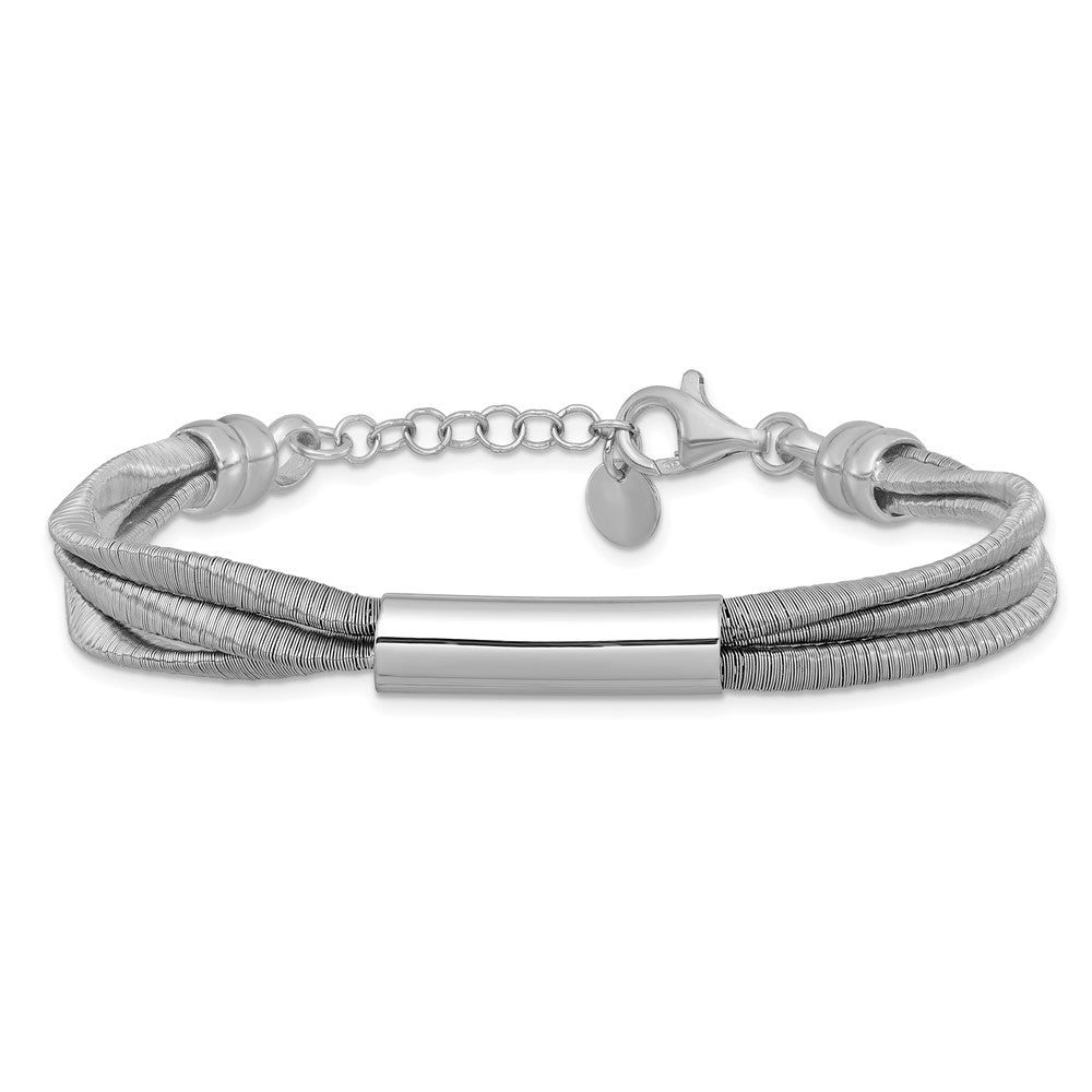SS RH-pltd Wire Wrapped 3-strand Bar w/ 1in Ext. Bracelet 7  inches
