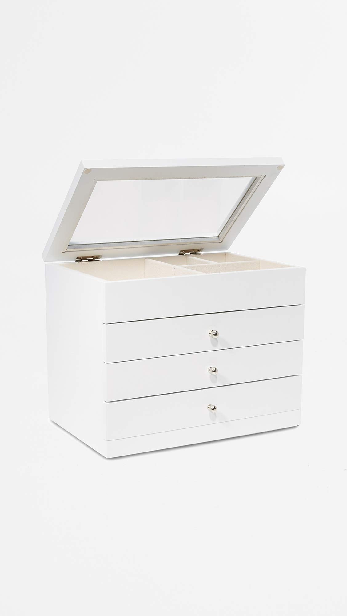 Bey-Berk International BB684WHT White Wood Jewelry Case with 3 Drawers & Glass See-Thru Top