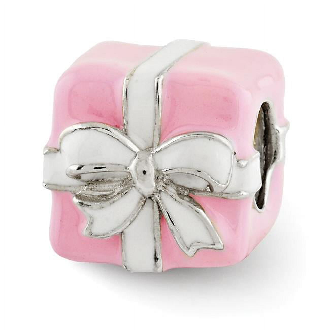 Reflection Beads QRS2949 Sterling Silver Pink & White Enameled Present Bead - Polished & Antiqued