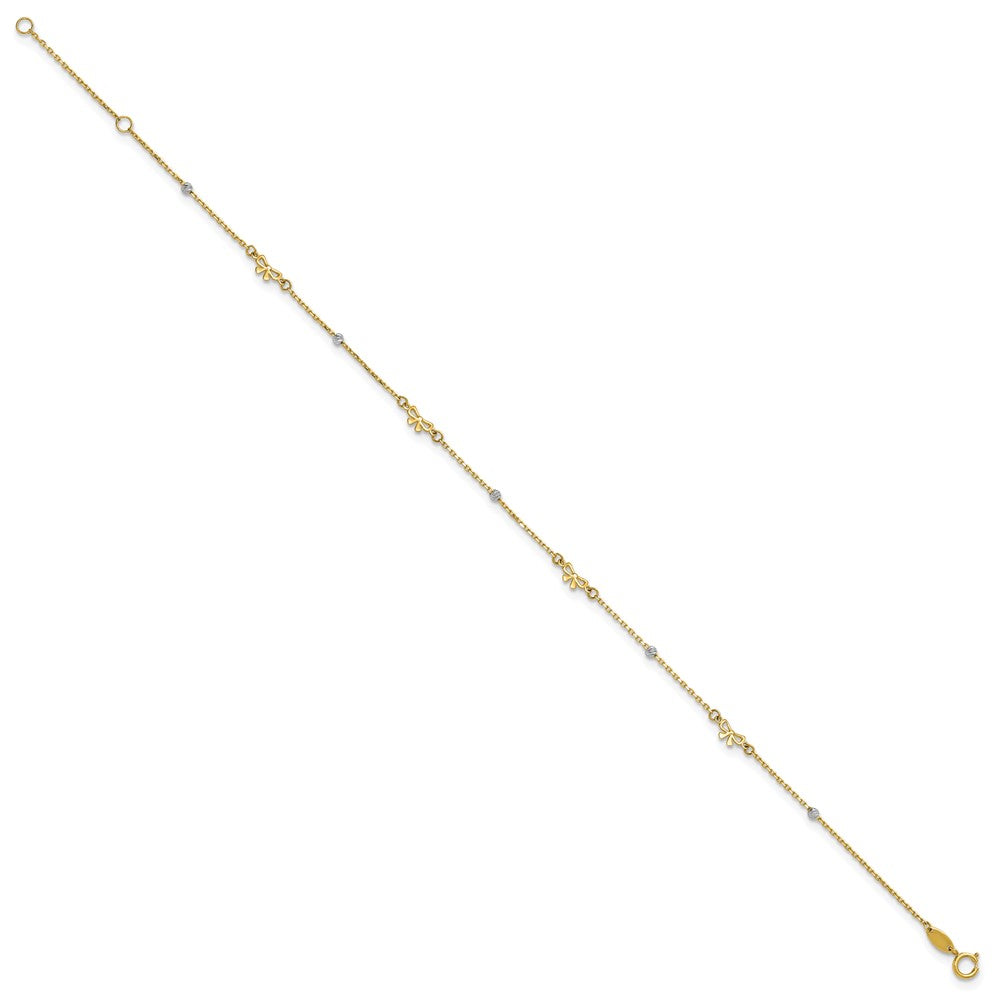 14k Two-tone Polished Diamond-cut Beads and Bows 9 inch with 1 inch Extender Anklet
