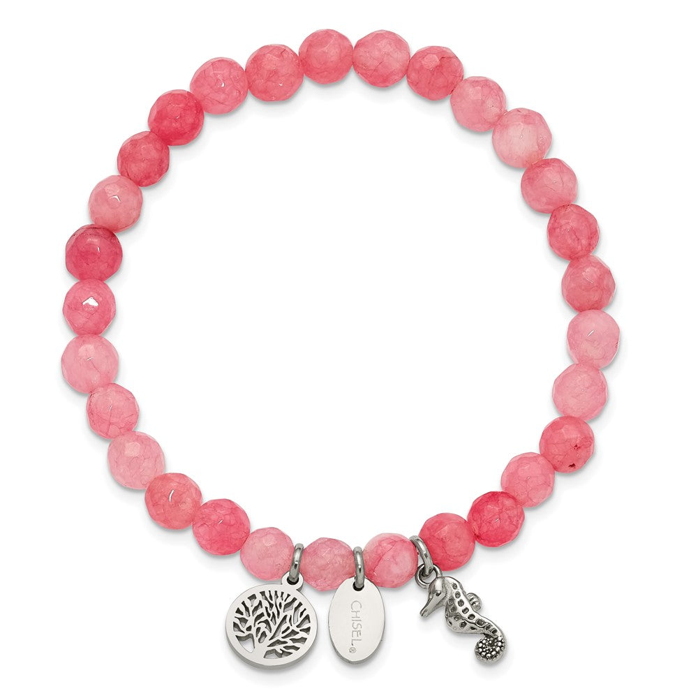Chisel Stainless Steel Polished Seahorse and Tree of Life Dangles 6mm Pink Jade Beaded 6.25 inch Stretch Bracelet 6.25 inches