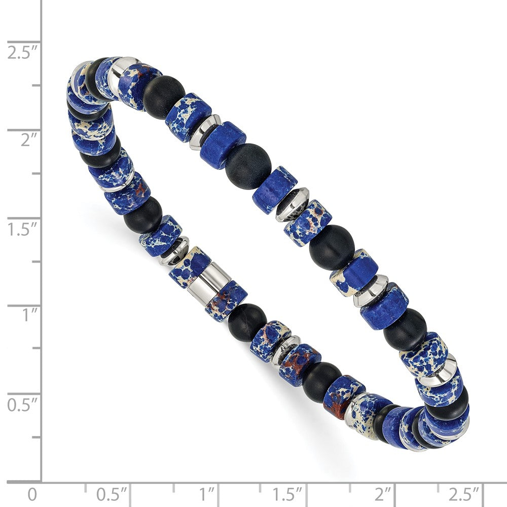 Chisel Stainless Steel Polished 6.40mm Blue Emperor and Black Onyx Beaded 7.5 inch Stretch Bracelet 7.25 inches