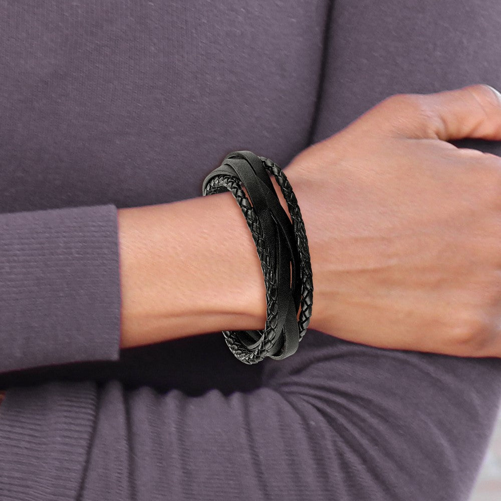 Stainless Steel Brushed Black Leather Braided Multi-Strand 8.25in Bracelet 8.25 inches