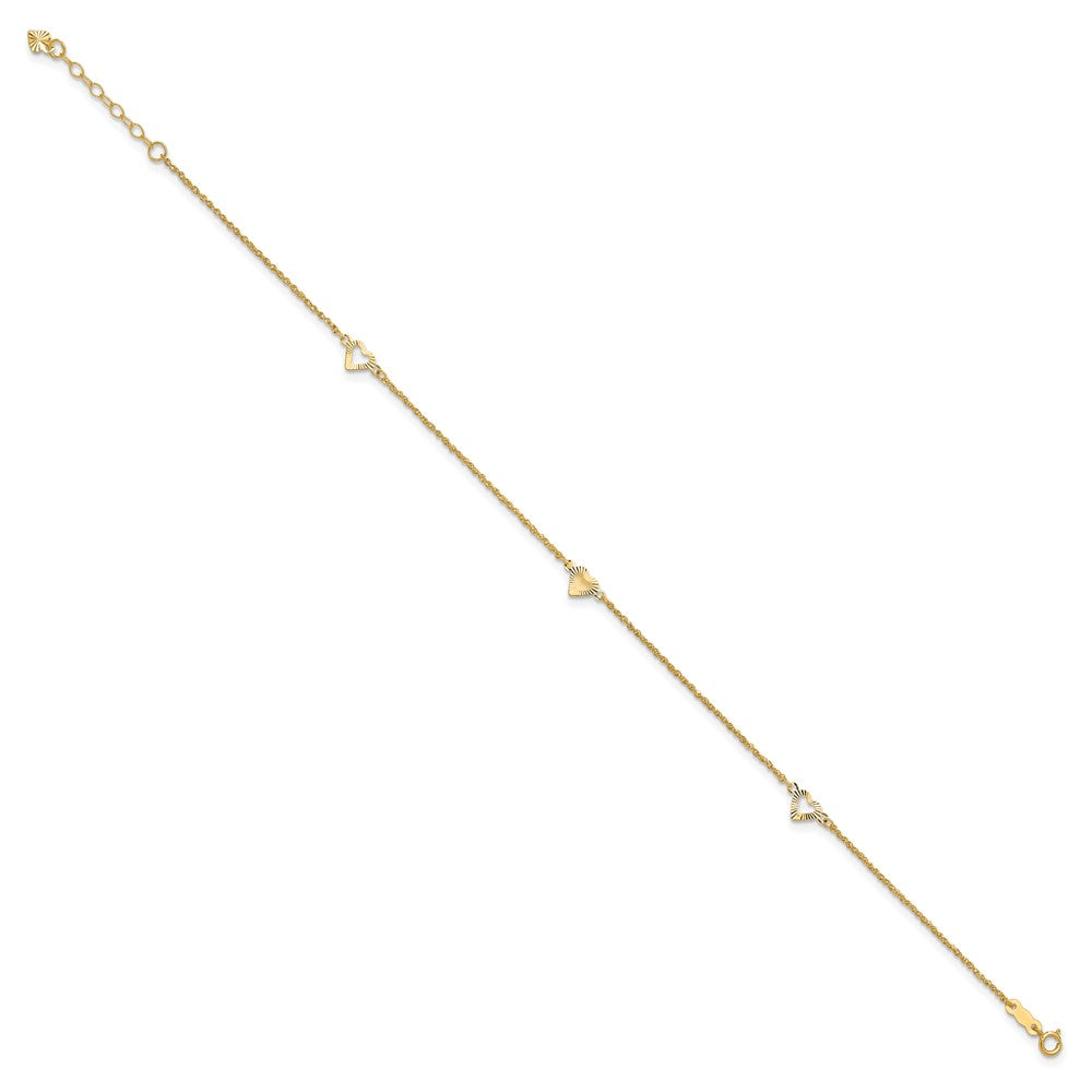 14k Diamond-cut Hearts 9in Plus 1in ext Anklet 10 inches