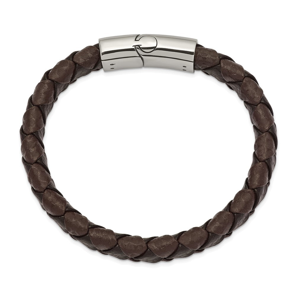 Stainless Steel Polished Black and Brown Textured Leather 8in Bracelet 8 inches